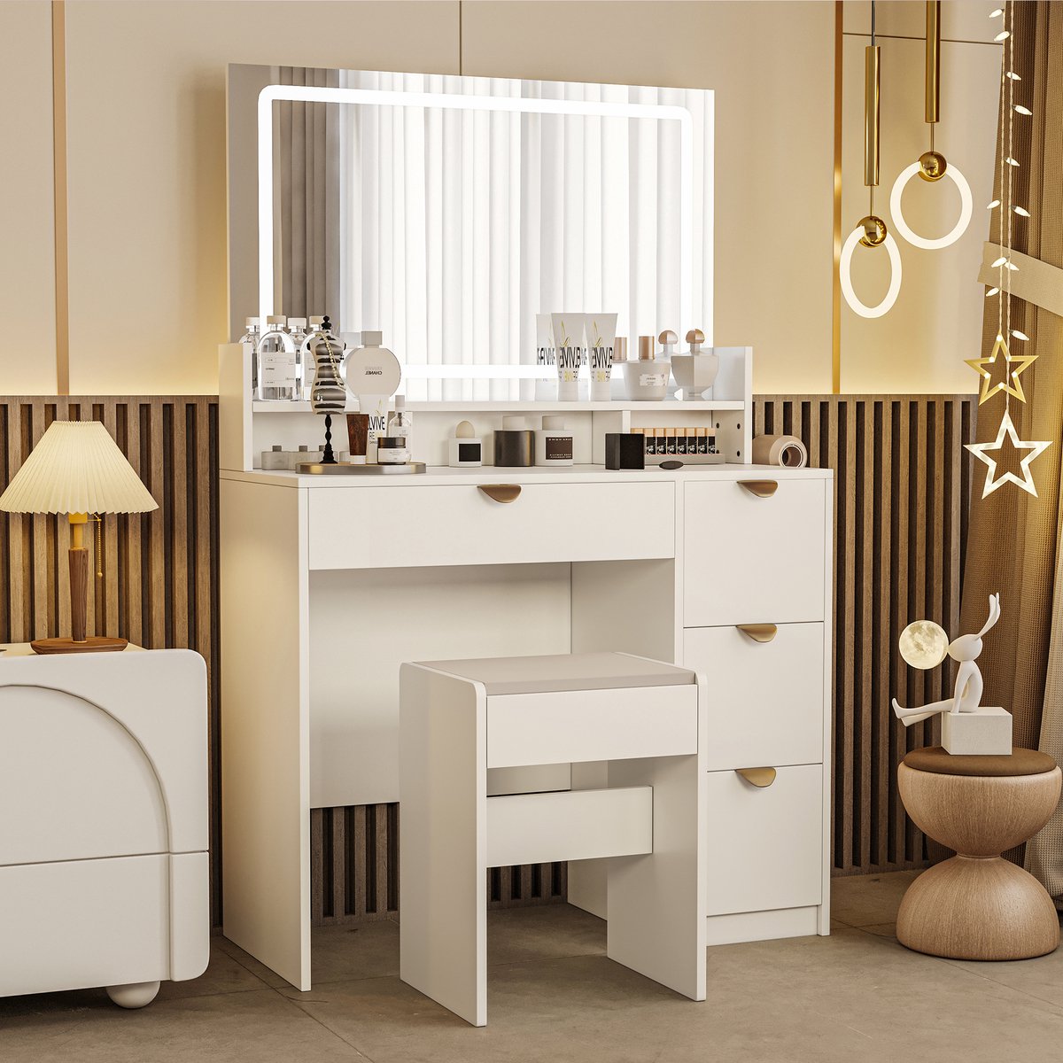 Kaptafel - met grote spiegel en krukje - 3-kleurige LED-verlichting - Make-uptafel - Sieradenlade - Stopcontact en USB-poort - Föhnhouder - Wit
