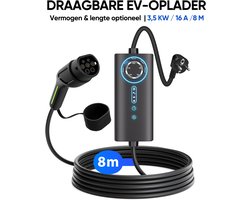 Junsun Type 2 Mobiele Thuislader mit Schuko - 3,5 kW 1 fase (6-16A)- 6A/8A/10A/13A/16A instelbare stroom - 8 meter Laadkabel - 230V EV-oplader - Voor Elektrische Auto's
