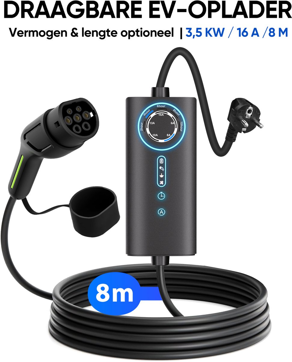 Junsun Type 2 Mobiele Thuislader - 3,5kW 1 fase (6-16A)- 6A/8A/10A/13A/16A instelbare stroom | 8 meter Laadkabel - 230V EV-oplader - Voor Elektrische Auto's - Schuko-stekker & CEE-stekker