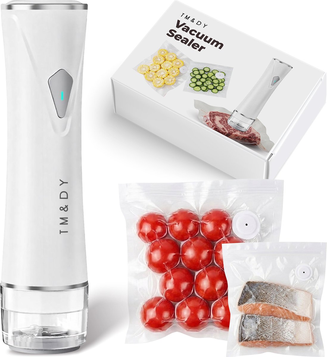 TM&DY Automatische Vacumeermachine - Vacuümpomp – USB Oplaadbaar – Voedsel Vershoud systeem – Lekvrij – BPA Vrij - Voor Koelkast & Vriezer - Incl 30 Herbruikbare Vacuümzakken