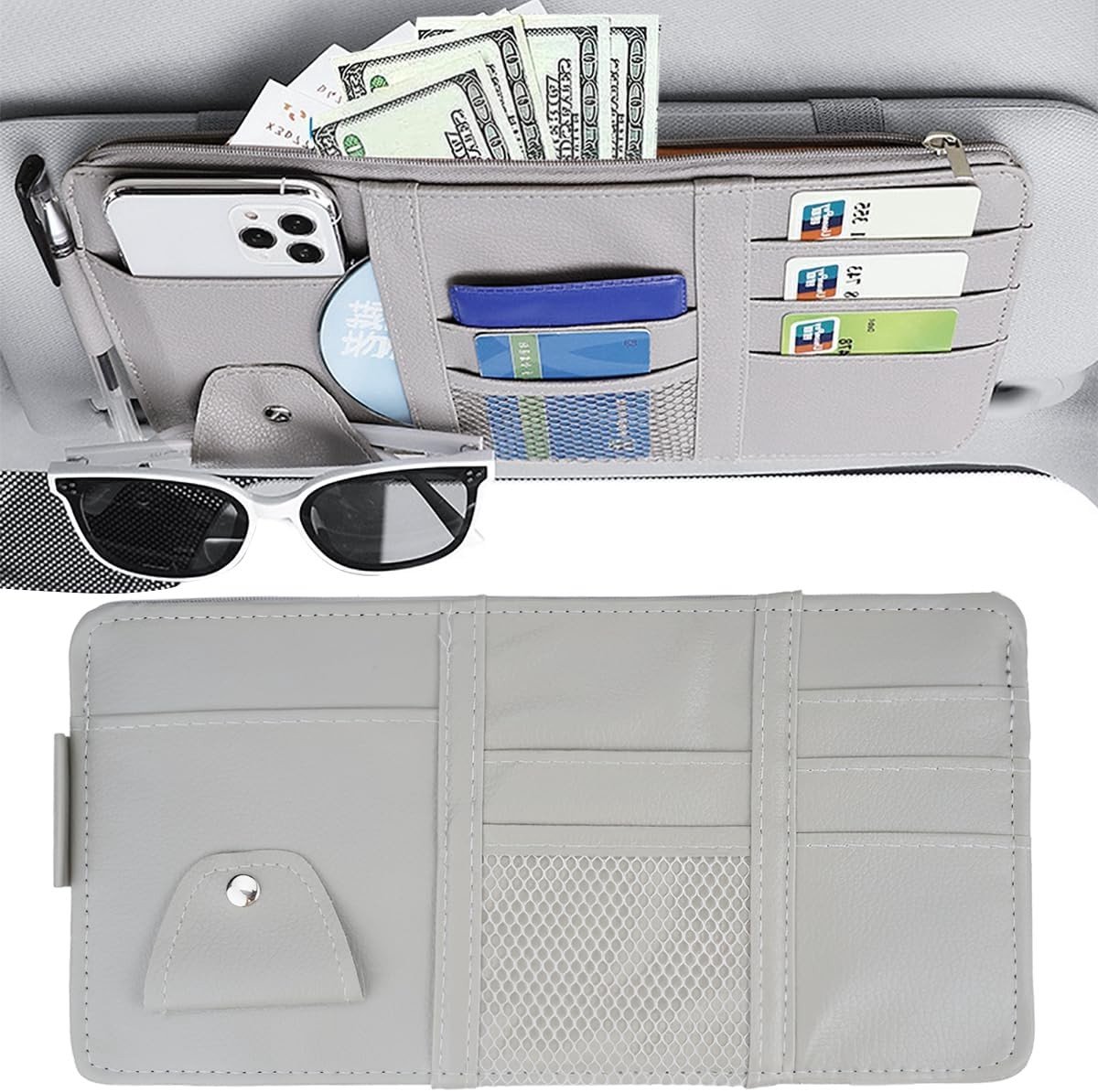 Auto Zonnevisorg organizer van leer, 31 x 15,5 cm, voor zonnebrillen, pasjeshouder en opbergtas voor auto-accessoires
