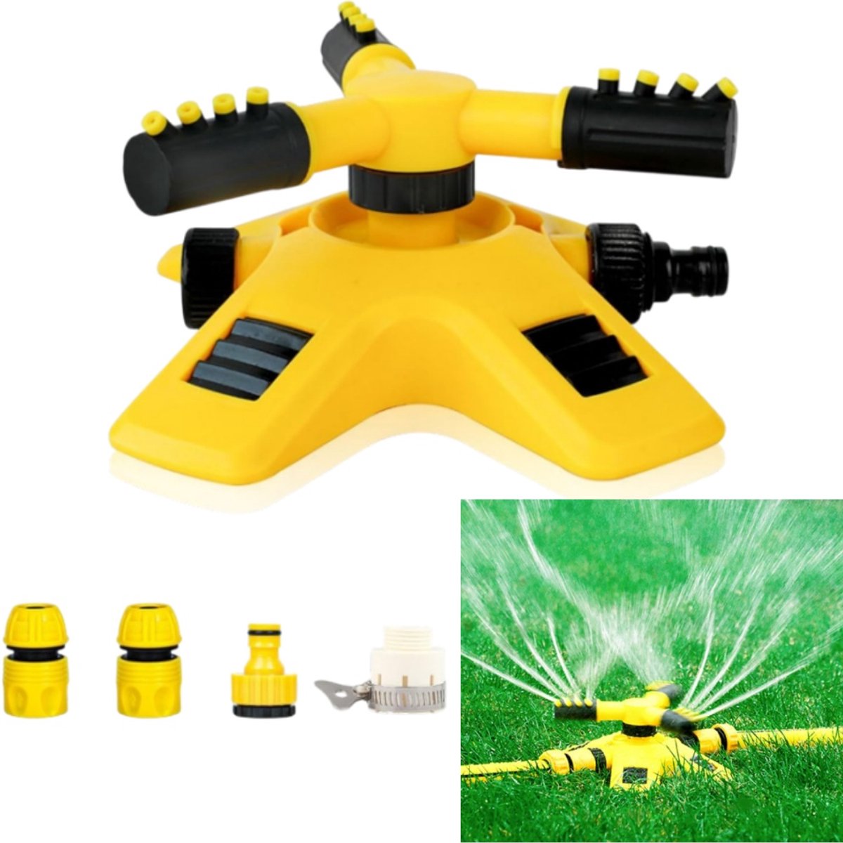 5-delige automatische sproeierset - 360 graden draaibaar - Irrigator - Sproeikop - 21*20,5*8 cm - Geschikt voor het besproeien van gazon en tuin - Geel