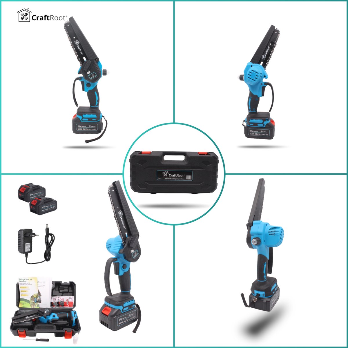 CraftRoot Elektrische Mini Kettingzaag - Draadloze Compacte Kettingzaag met Automatische Kettingsmering - Handkettingzaag - Snoeizaag - Takkenzaag - 2x 4.0Ah Accu's - Opberg Koffer - Brushless – foto 8
