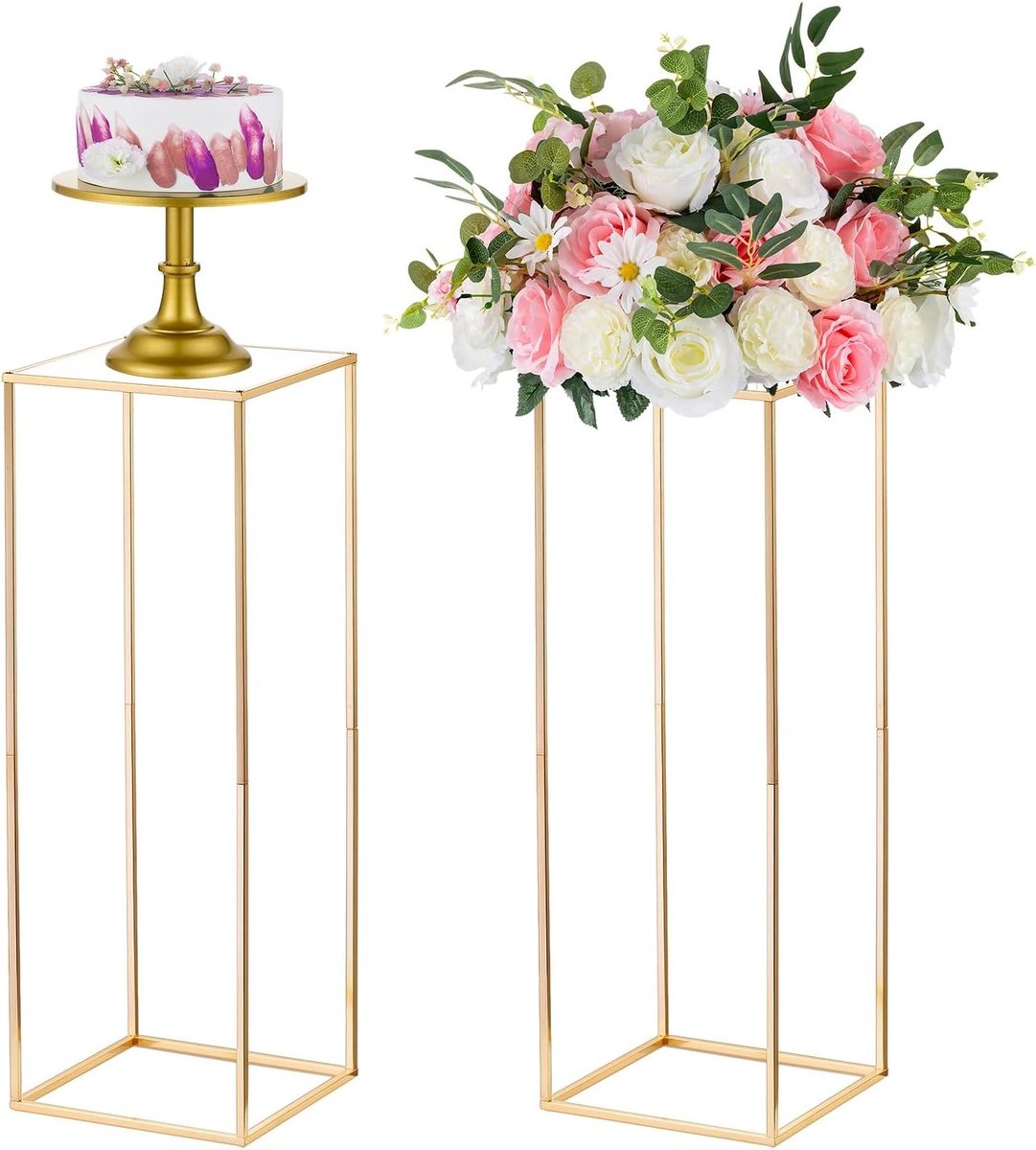 2 Stuks Gouden Vazen voor Bruiloft Centraal Stuk, Hoge Geometrische Bloemenvazen van Metaal, Ideaal voor Thuis en Feesten, 80 cm Hoog, Perfecte Bloemendisplay voor Bruiloften en Evenementen
