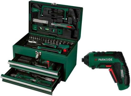 PARKSIDE 92-delige gereedschapsset met accuschroevendraaier, metalen koffer, bits, dopsleutels, meetlint, kniptang