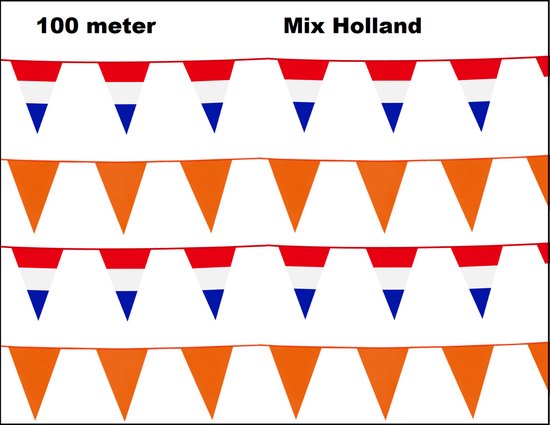 Mix van 100 meter vlaggenlijn met Nederlandse driekleur en oranje driehoekige vlaggetjes.