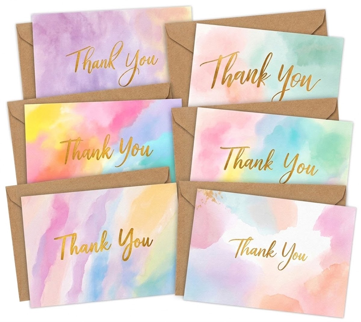 Multikleur bedank kaarten set met enveloppen 6 stuks – thank you kaarten met pastel watercolor design en goudkleurige tekst – inclusief kraft enveloppen – kaartenset voor dames en heren