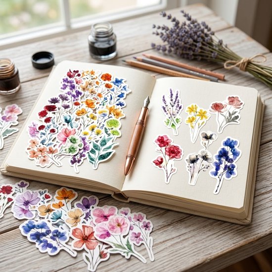 Multikleur stickers set beide 50 stuks bloemen illustraties aquarel design decoratieve stickers set waterdicht mat