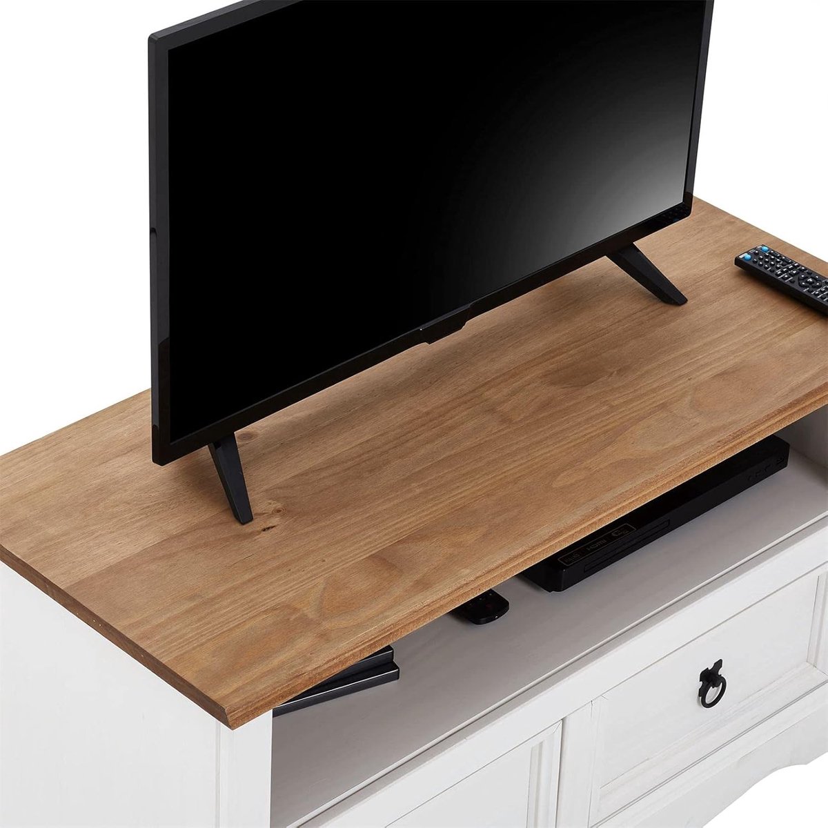 TV meubel 99x54x44 cm – Massief grenen lowboard Mexico stijl wit/bruin met 2 laden & open vak – TV kast compact design – Urbanhome