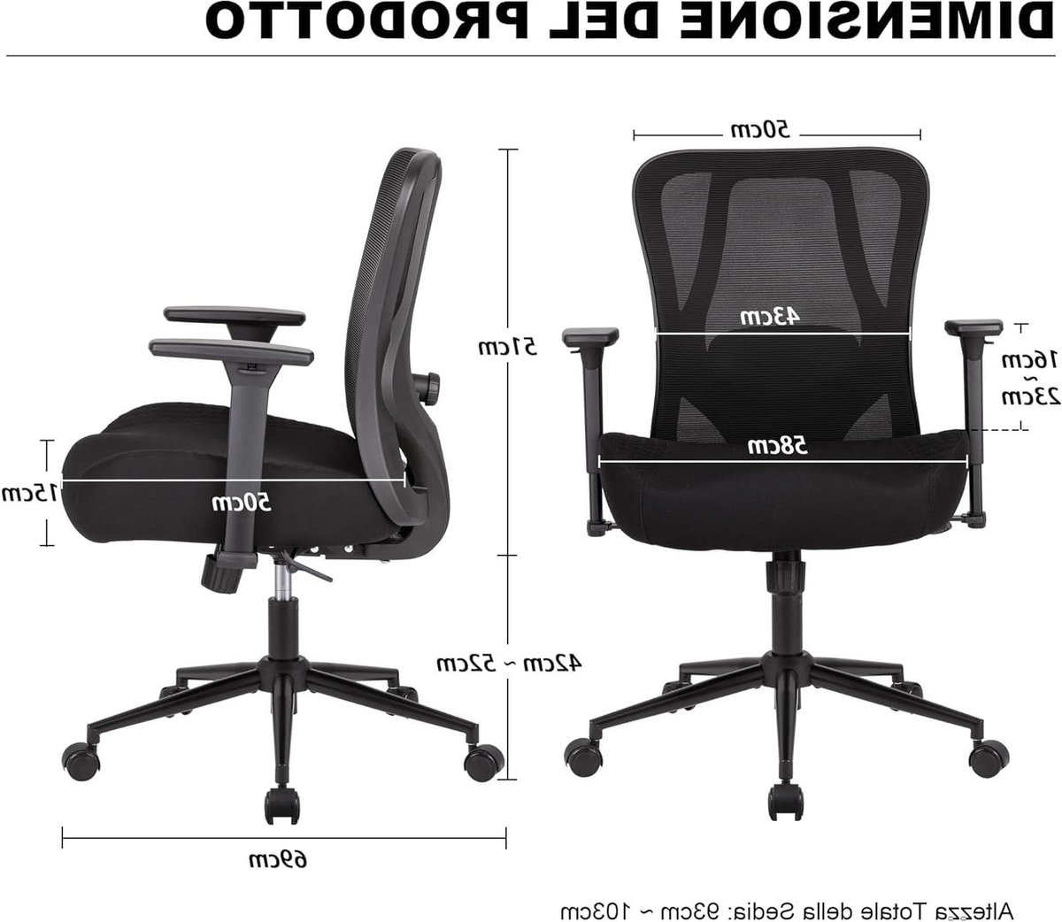 Ergonomische Bureaustoel - Werkstoel Netbespanning - Comfortabel Werken - Hoge Gewichtscapaciteit - 230 kg - Zwart