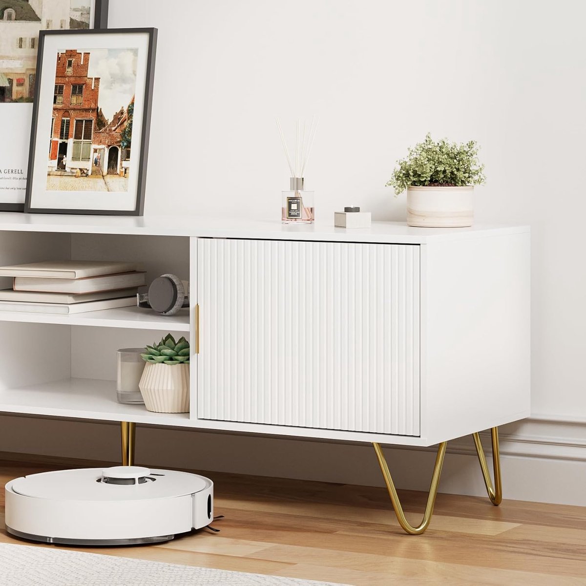 Luxe Scandinavisch TV-meubel met Opbergruimte 137x38x48 cm Wit/Eikenlook