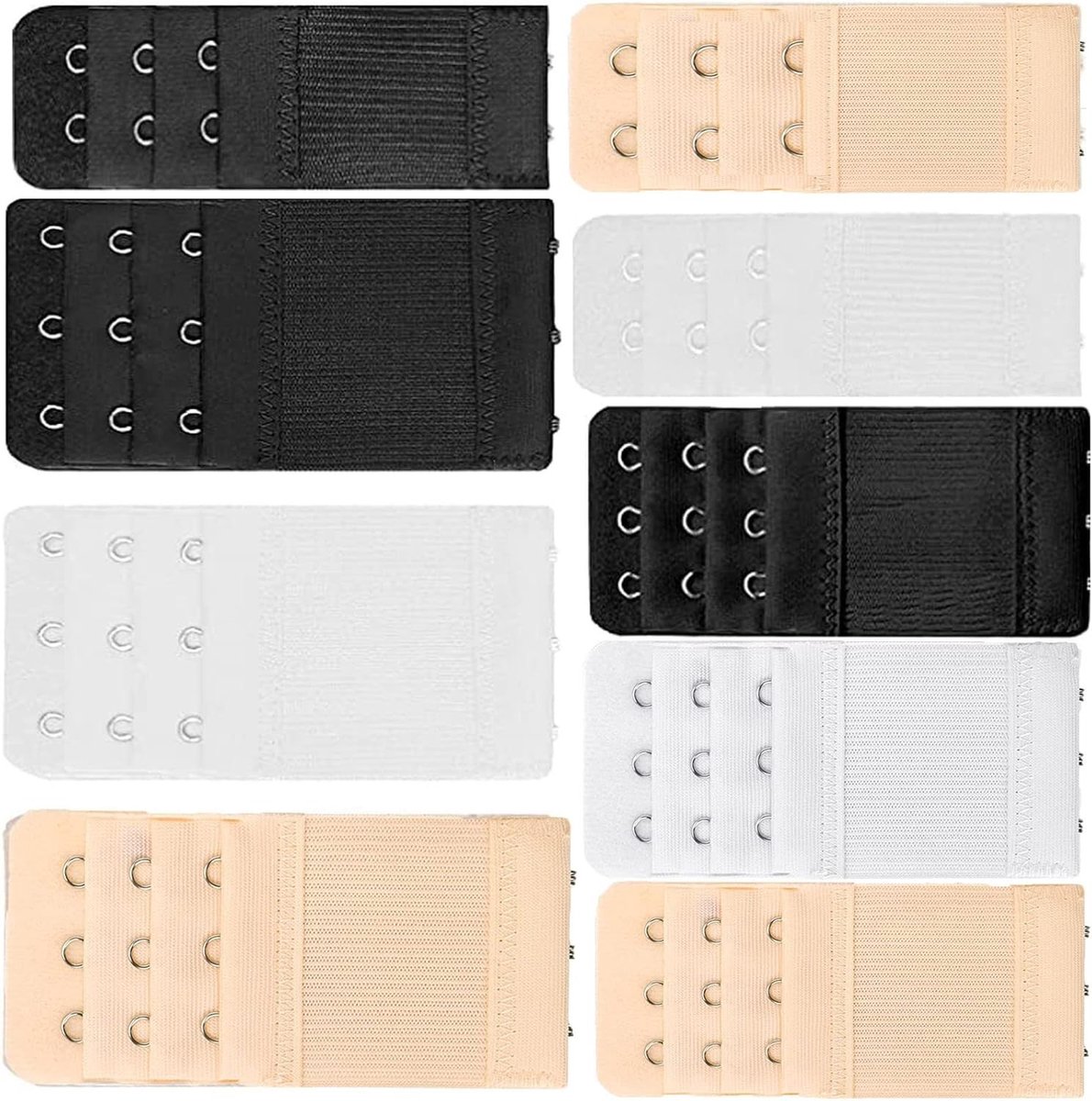 Set van 9 Verstelbare Beha Extenders voor Dames, Zachte en Comfortabele Ondergoedverlengingen, 3 Rijen en 3 Haken, Zwart, Wit en Huidskleur