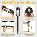Illustratie van de installatie van een zwarte lantaarnpaal, inclusief afmetingen.