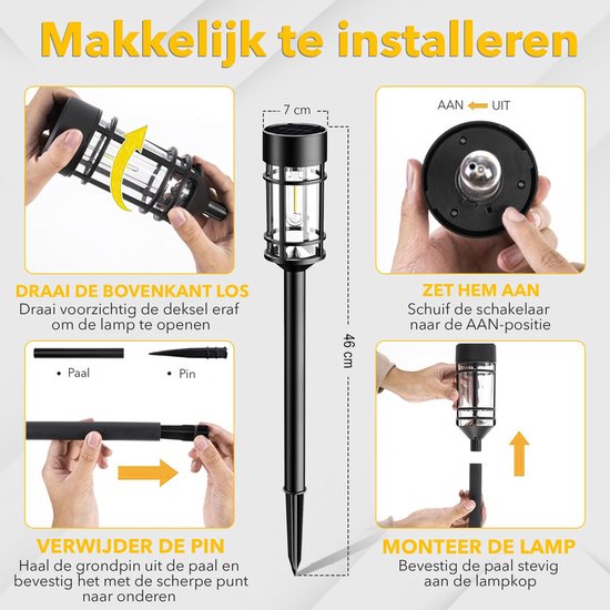 Illustratie van de installatie van een zwarte lantaarnpaal, inclusief afmetingen.