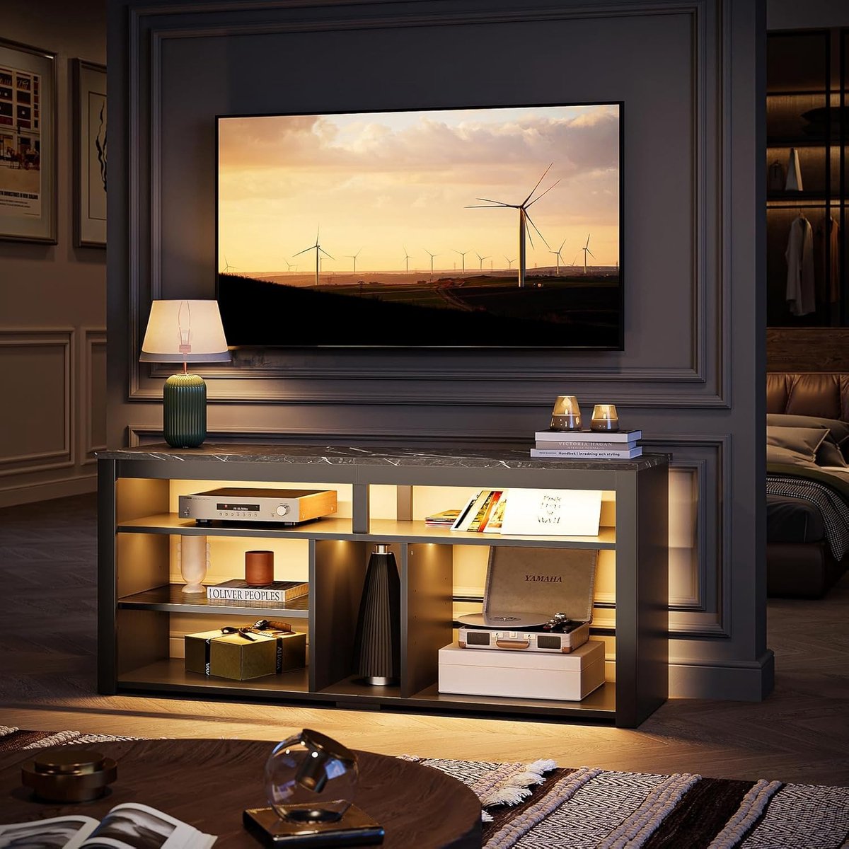 TV meubel 160 cm – Hoge LED TV kast met PS5 opbergruimte & verstelbare planken – TV console met acryl & RGB verlichting voor 65 inch – Urbanhome