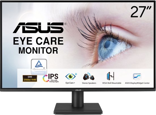 27″ ASUS VA27AQ QHD IPS Monitor – 2560×1440, 99% sRGB, 1ms MPRT, Randloos, HDMI, DisplayPort, VGA, Low Blue Light, Flicker-Free