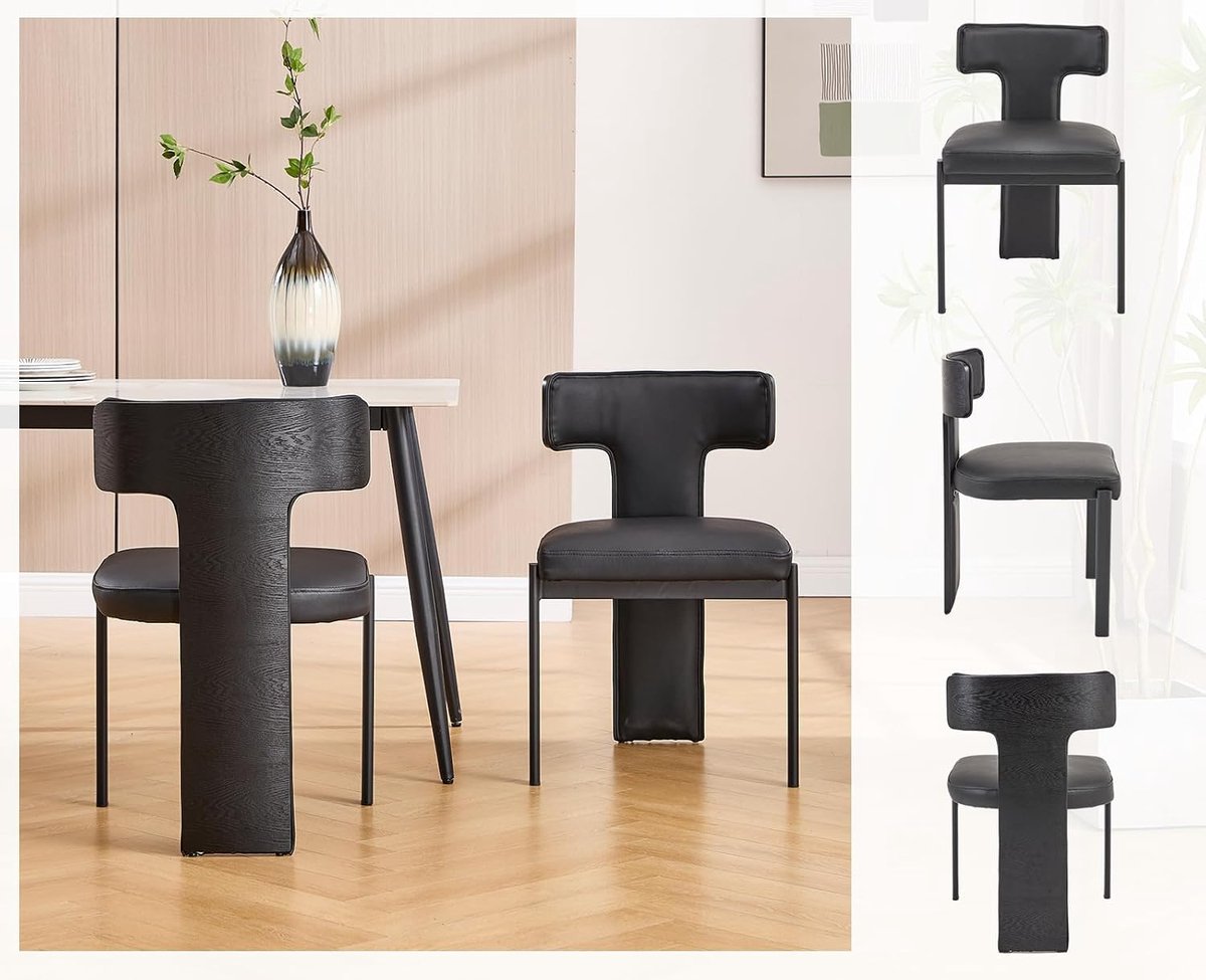 Design eetkamerstoelen set van 2 met T-vormige rugleuning, PU kunstleer bekleding, 51x49,5x76 cm, metalen frame en dikke zitting – zwart