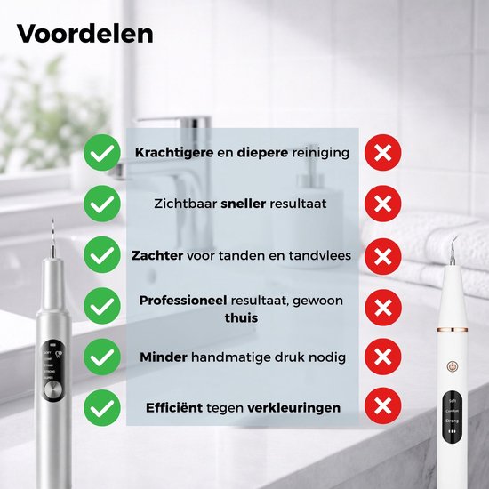 Vergelijking van de voordelen van de Nextora tandsteenverwijderaar (groene vinkjes) met een ander product (rode kruisjes).
