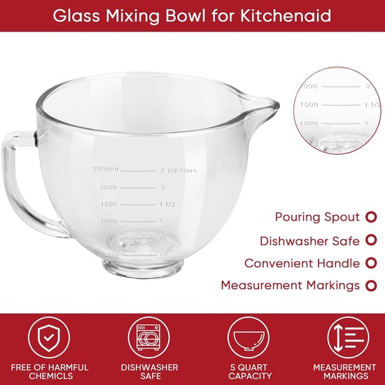 Mixer Kom - Glazen Kom - Bakken en Koken - Met Schenktuit - 5 Quarts - Transparant — afbeelding 5