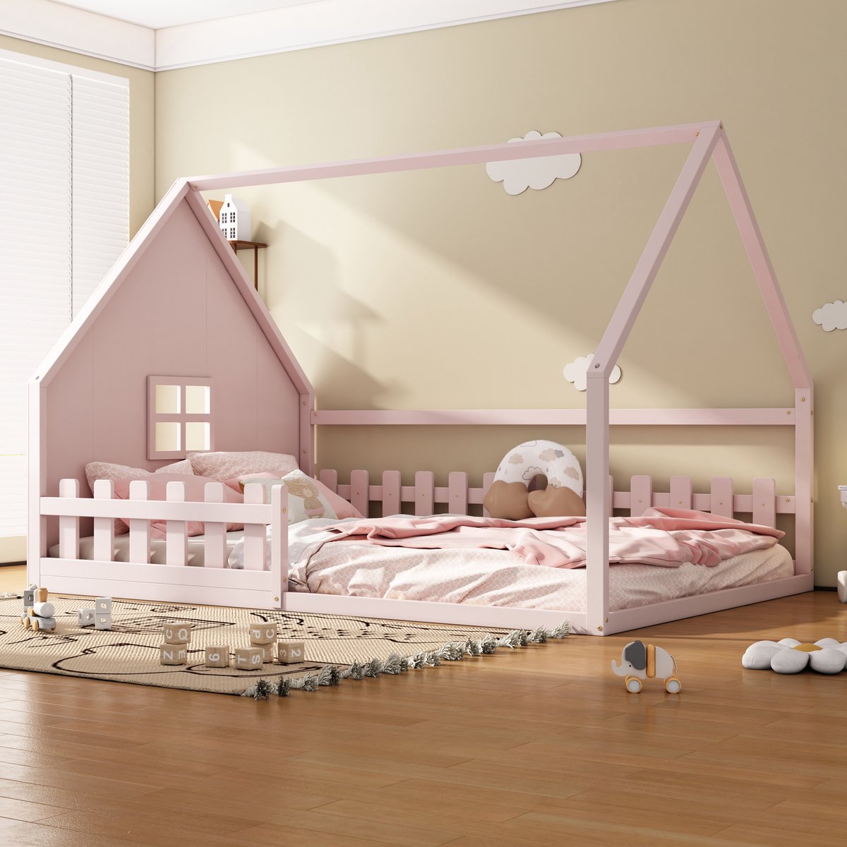 Wishdor Kinderbed 140x200 cm – Huisframe met Bedhek – Veilig & Speels – Grenenhout & MDF – Roze