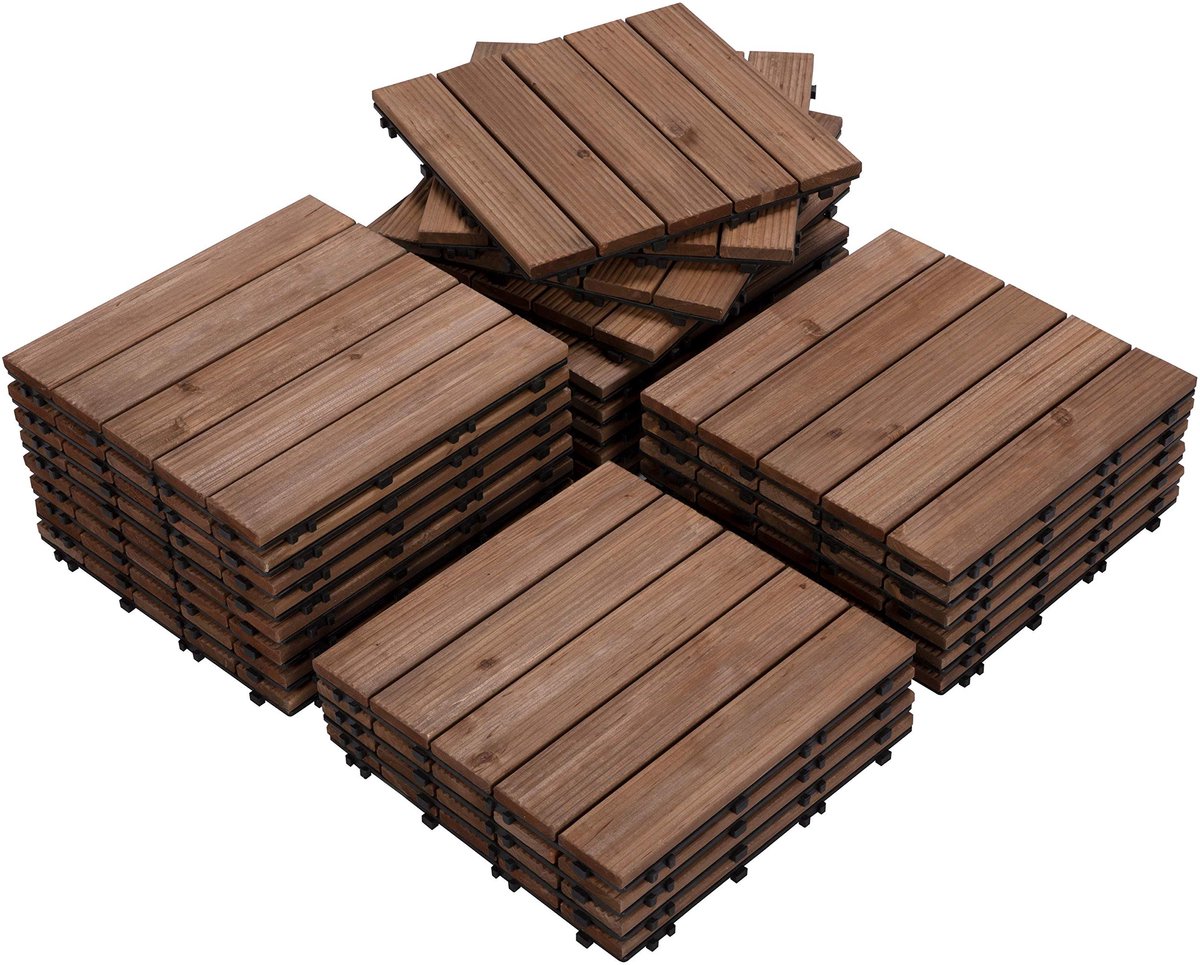 Yaheetech Set van 27 houten tegels, terrastegels, balkontegels, set vloerbedekking met drainage kliktegels 30 x 30 cm weerbestendig, gemakkelijk te leggen, ca. 2,6 m² per set, bruin