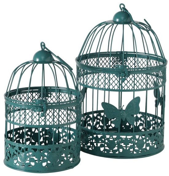 Set van 2 decoratieve vogelkooitjes in groen metaal
