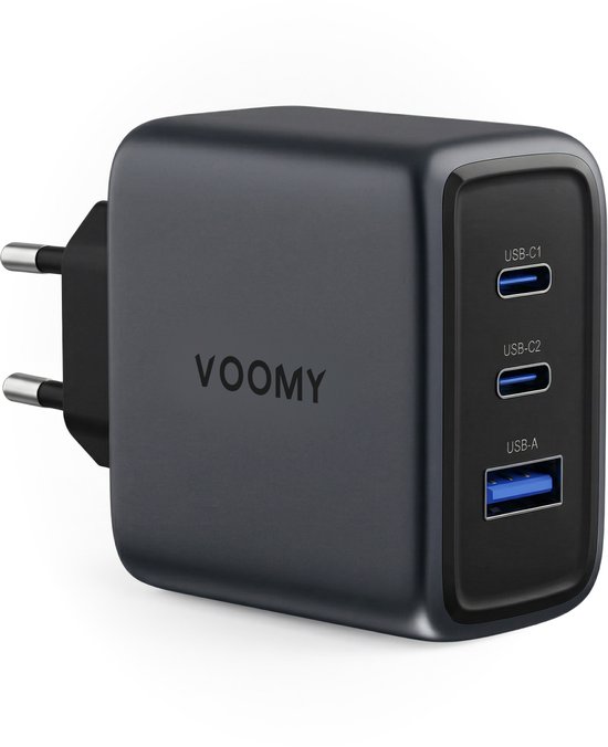 Voomy USB C Lader 65W - Oplader - Snellader - USB C Adapter - Universeel - 2 USB C & 1 USB A Poort - Geschikt voor Laptop, telefoon, tablets en meer - Space Grey