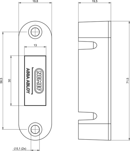 Technische tekening van een zwarte sluitplaat met roestvrijstalen voorplaat, met afmetingen.