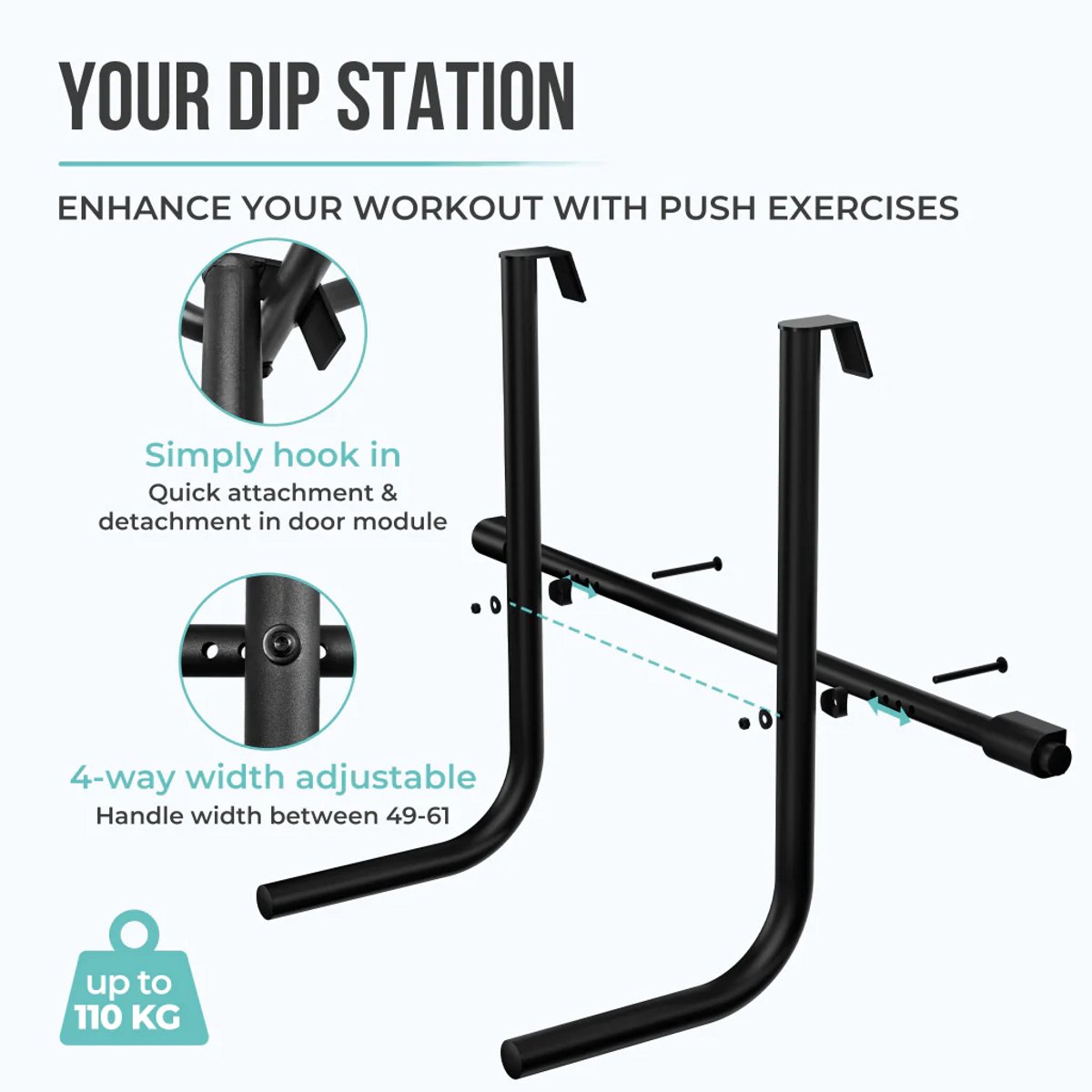Pullup & Dip Deuropening Optrek- en Dipstang Bundel - Calisthenics - Roestvrij Staal - 110 kg - Verstelbaar thumbnail 7
