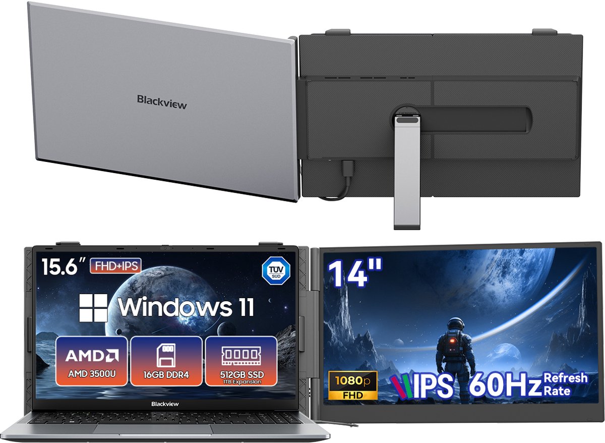 Blackview AceBook 6 Laptop 15,6" Full HD | AMD Ryzen 5 3500U, 16 GB RAM, 256 GB SSD + SCM6 14" Draagbare Monitor FHD+ IPS | Dual-band WiFi, Kantoor & Entertainment Set, Extra Laptopscherm, Grijs