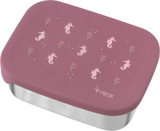 Roze broodtrommel met print van witte zeepaardjes en oranje bloemetjes.