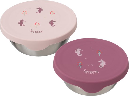 Fresk Boîte à goûter pour enfants - Lot de 2 - Boîtes à goûter en acier inoxydable - Boîtes de conservation compatibles lave-vaisselle - Boîte à fruits pour l’école - Boîtes de conservation alimentaires - Boîte à fruits - Rose - Seahorse