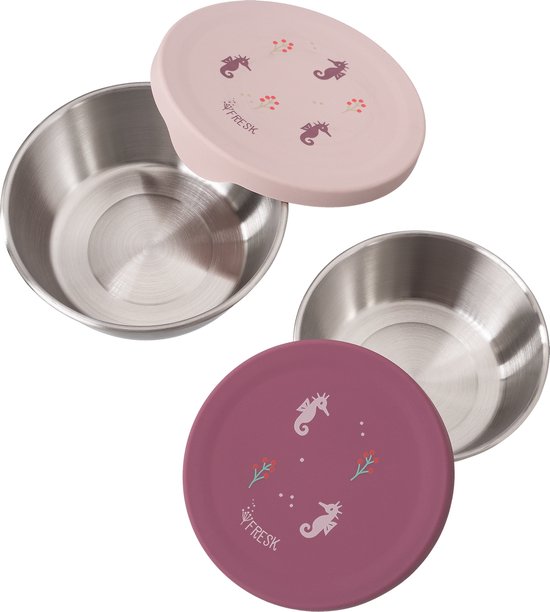 Twee roestvrijstalen bakjes met deksels. Dekselkleuren zijn paars en roze, beide met een zeepaardjesprint.