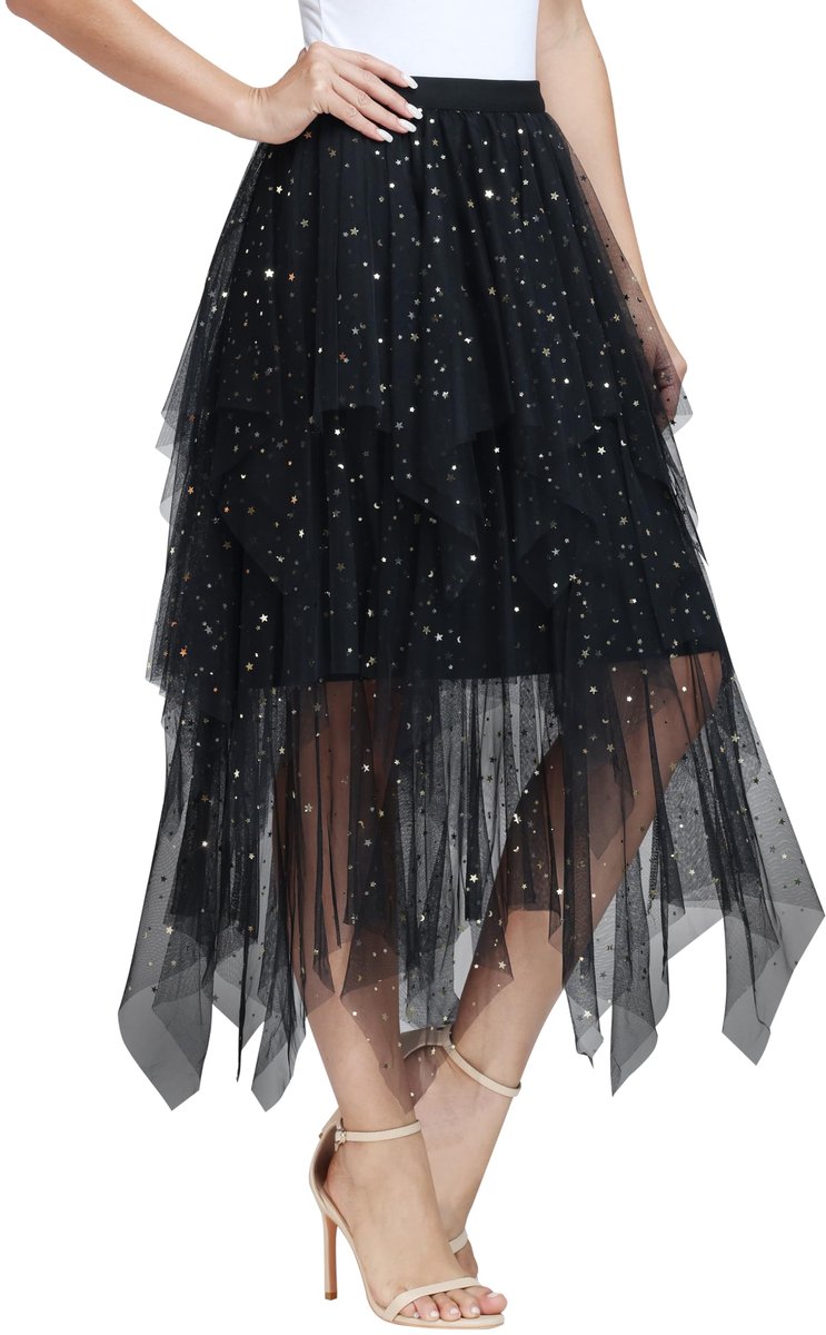 Geweo Tule rok - Tutu - Tule rokje - Tule rokje Volwassenen - Hoogwaardige 3-Laags met Ondoorzichtige Voering - Comfortabele Elastische Taille - One Size - Zwart met Pailletten