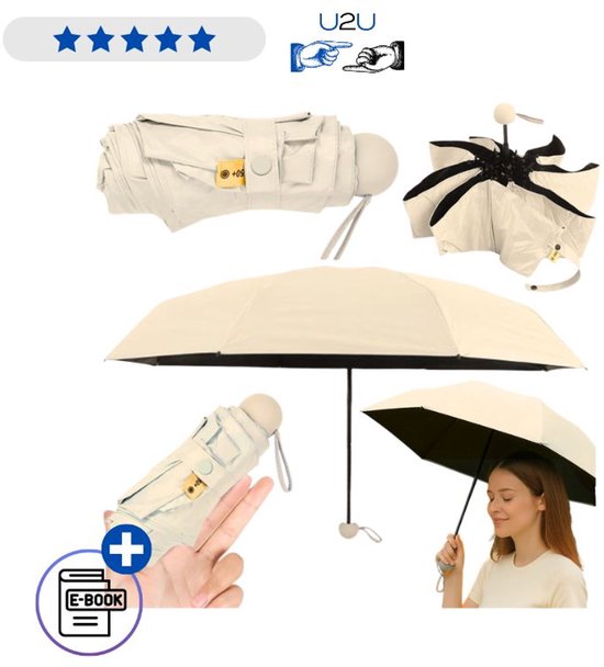 Parapluie de Poche Pliant 90 cm Met Protection UV UPF 50+ Beige Parasol Compact Contre la Pluie Et le Soleil L Housse Avec Ebook