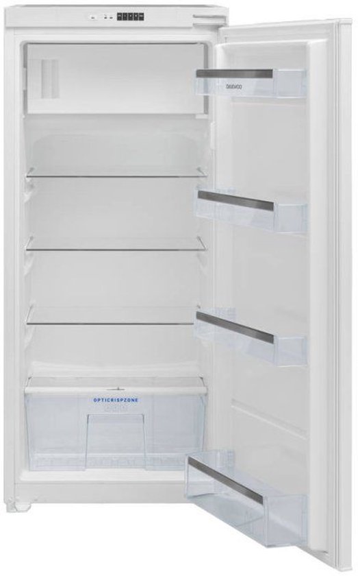 Inbouwkoelkast Daewoo 178L wit, 162L koelruimte, 16L vriesvak, schuifdeuren, LED, roestvrij staal, 122,5 cm hoog