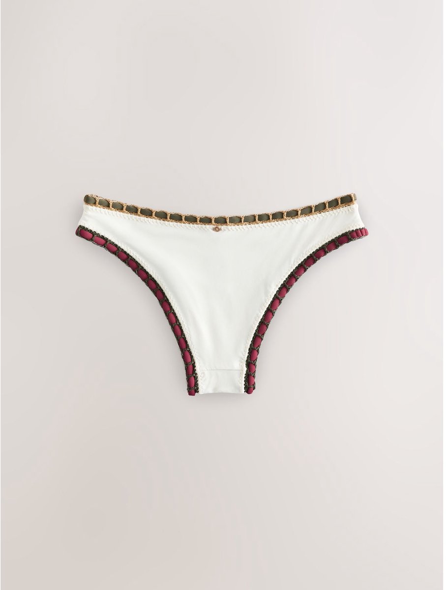 Next Dames - Hoog uitgesneden bikinislip met contrasterende rand en zweepsteek - Crème Cream/Khaki/Red