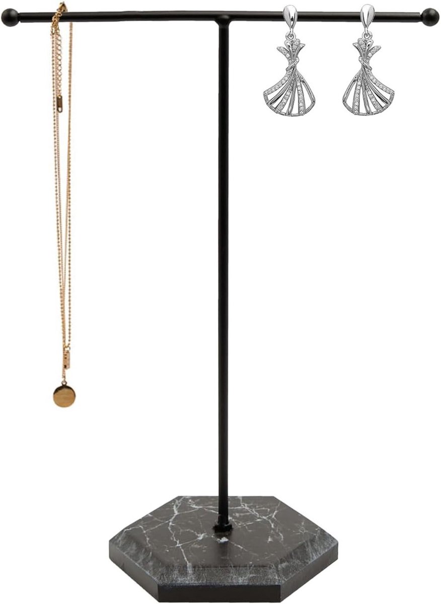 Sieradenstandaard voor Kettingen, Armbanden, Oorbellen en Ringen van Metaal met Marmeren Voet, Zwart Design