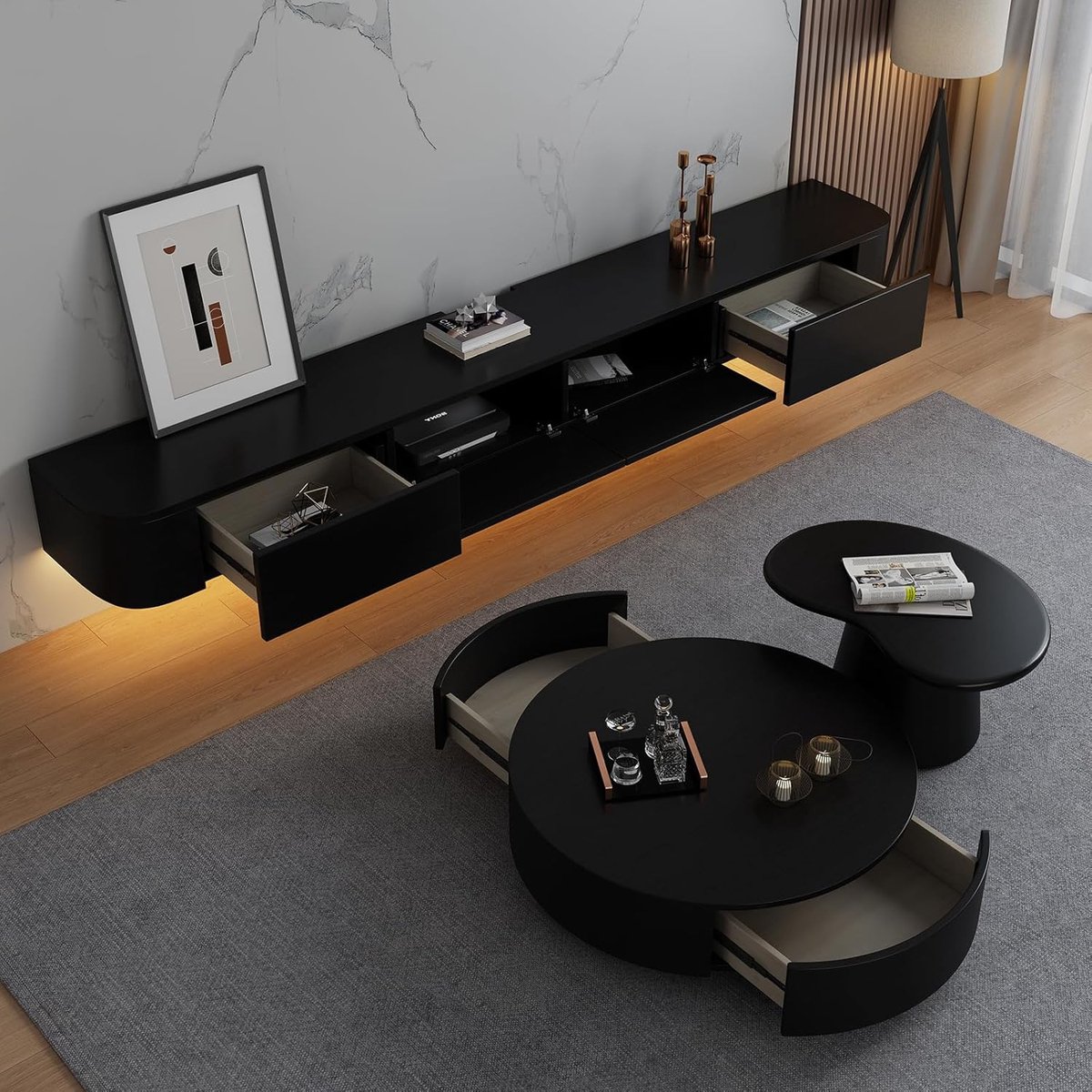 Luxe Zwevend TV-Meubel 300 cm met LED Verlichting, Wandgemonteerd TV Meubel met Deuren en Kabelmanagement, Grote Opbergruimte 300x24x20 cm Zwart