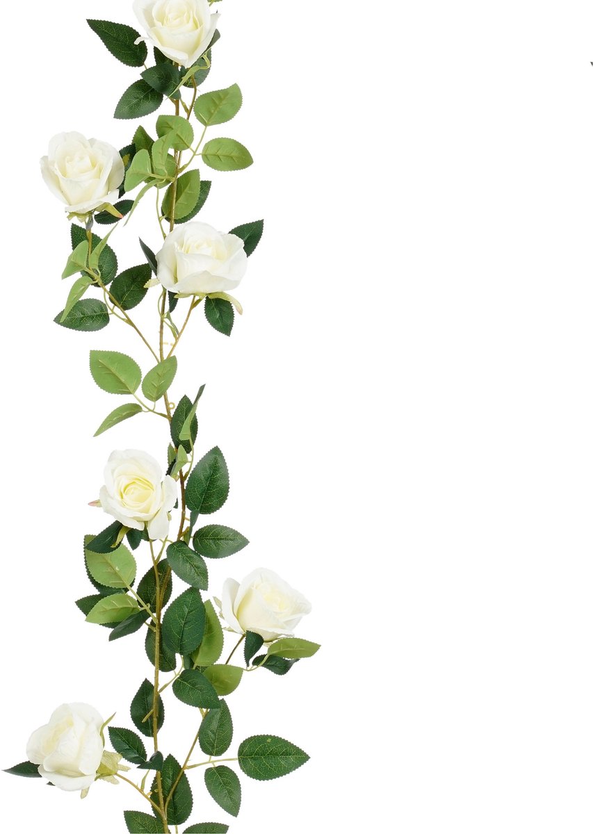 Mica Decorations Kunstbloemen Rozen slinger - 180 x 15 cm - wit - kunststof - Roos - witte bloemetjes deco
