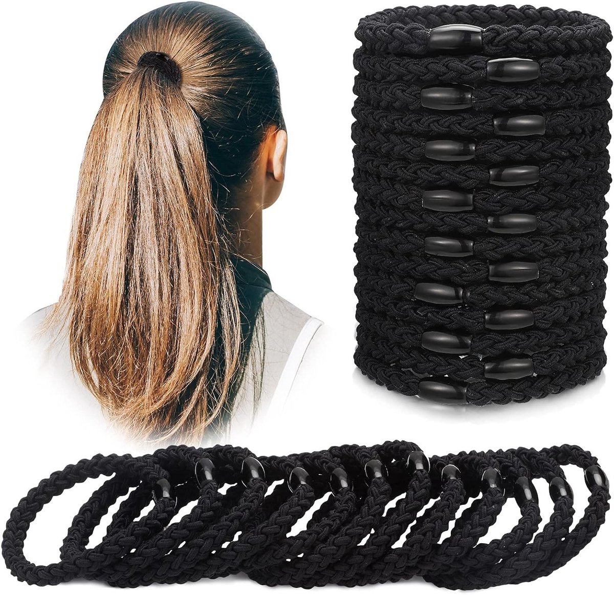 12 Gevlochten Haarelastieken voor Meisjes, Zachte Elastische Bands voor Ponytails, Ideaal voor Dik en Krullend Haar (Zwart)