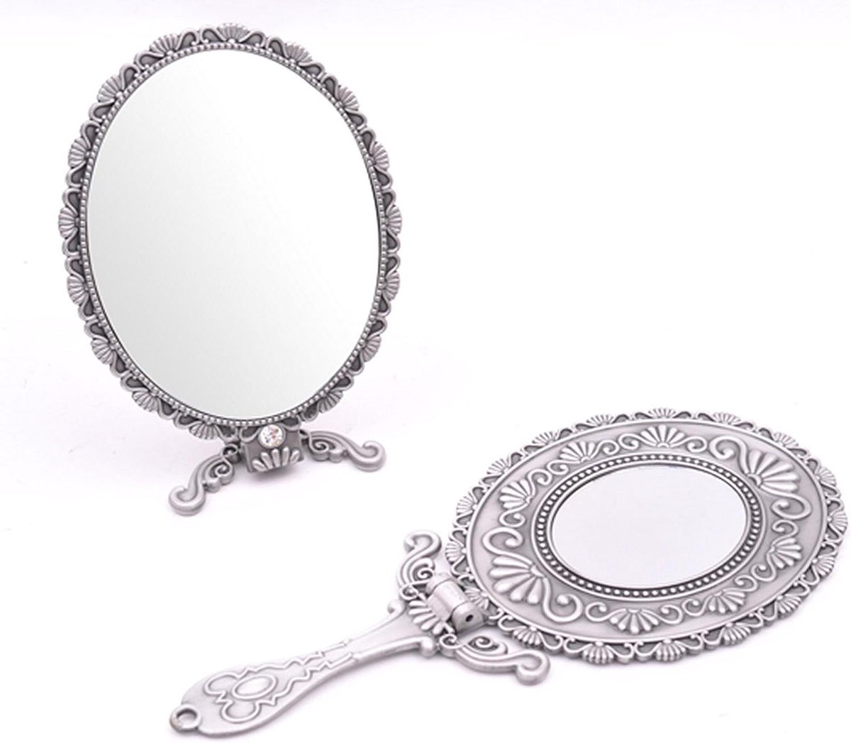 Dubbelzijdige Handspiegel - Make-up Spiegel Vouwbaar - Make-up Aanbrengen - Met Vergroting - 3.7 x 4.7 inch - Mat Grijs