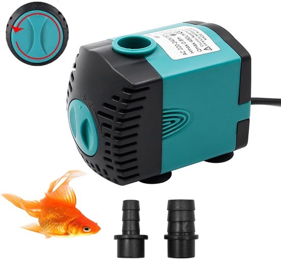 Zwarte en teal pomp met blauwe draaiknop, twee sproeiers en een goudvis.