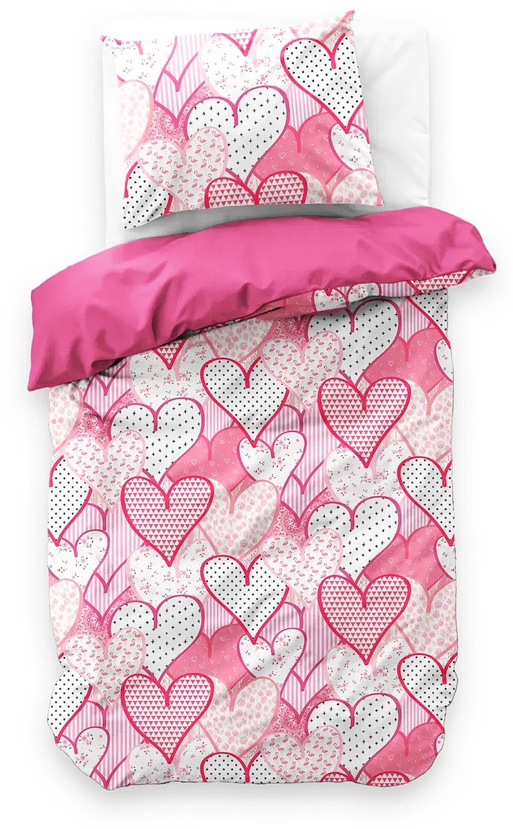 1-persoons meisjes dekbedovertrek (dekbed hoes) roze – wit met patchwork hartjes / harten en flamingo’s, bloemen e. a. droedels eenpersoons 140 x 220 cm (lief beddengoed meiden slaapkamer, tieners)