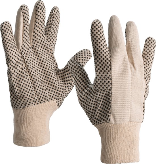 Crèmekleurige werkhandschoenen met zwarte polkadot nopjes en beige gebreide boord.