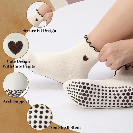 Antislip Sokken Dames - 4 Paar - Yoga & Pilates Sokken - Met Hartjes & Ruches - Grip Sokken - Maat 36-40 van Merkloos — afbeelding 2