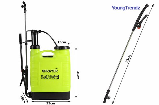 Rugdrukspuit 12 liter - Drukspuit - Druksproeier met verstelbare lans - Tuinsproeier voor onkruid, meststoffen en reiniging - drukspuit zuurbestendig — afbeelding 3