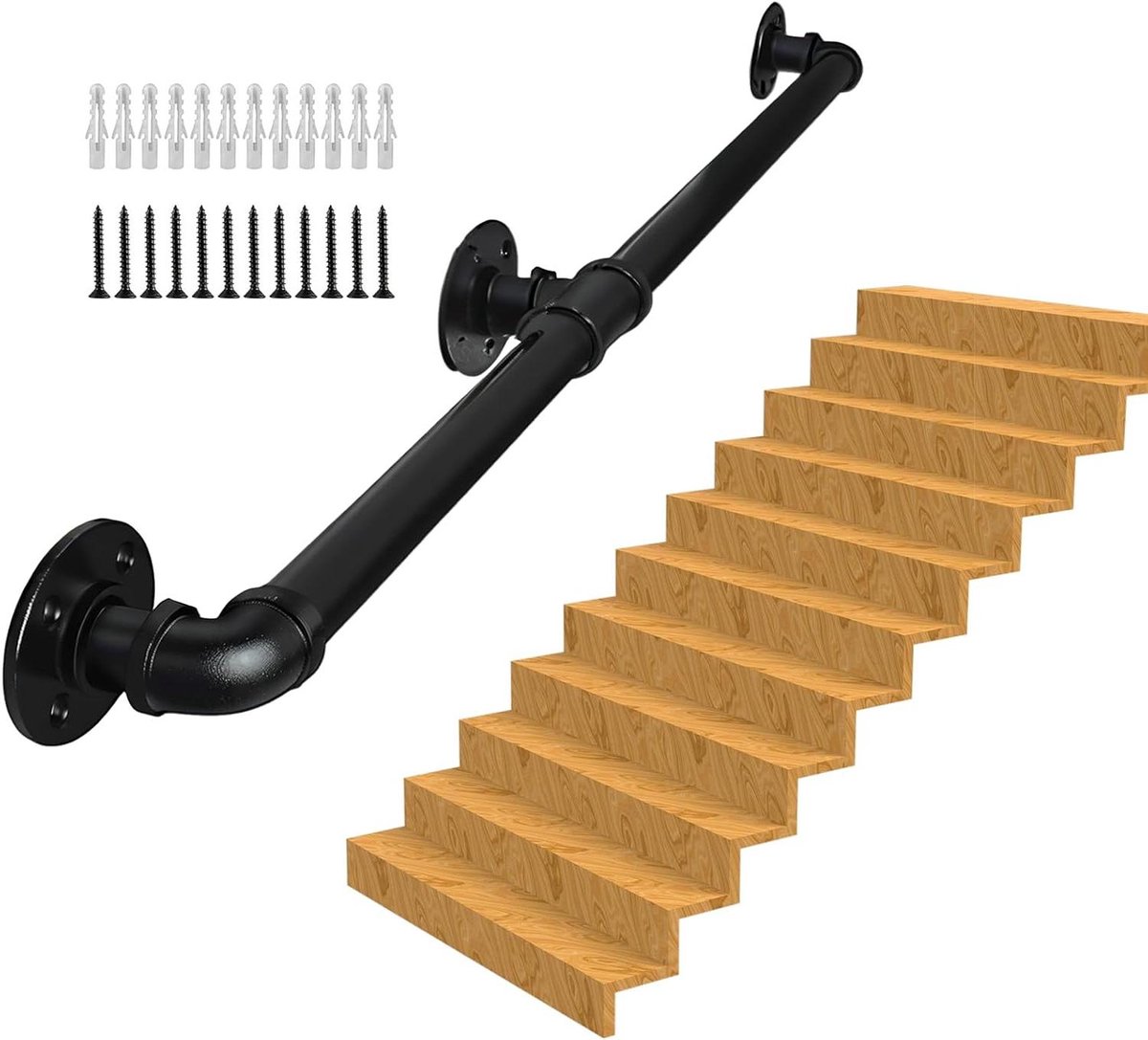 Trapleuning Set - Wandsteun Hek - Veilig Lopen - Industriële Stijl - 2.5 Meter - Zwart