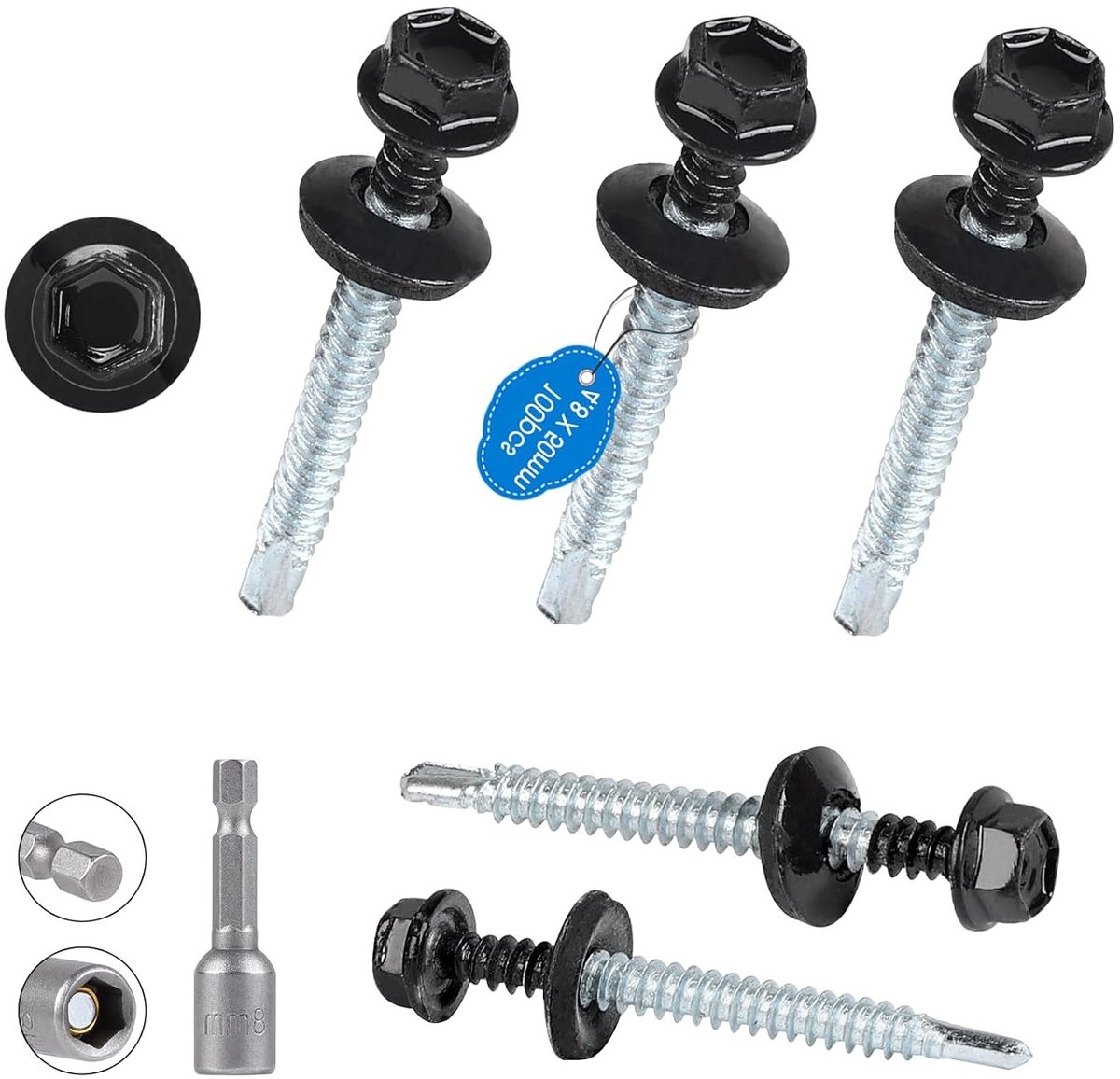 Set van 100 zelfborende metalen dakschroeven 4.8 x 50 mm met EPDM ringen voor trapeziumplaten, RAL 7016, inclusief 1 hex bit en moersleutel