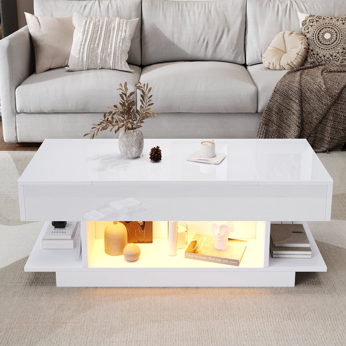 Salontafel 98*45*40 cm - In hoogte verstelbare bijzettafel - Salontafel met twee opklapbare kastjes - Halfopen opbergruimte - LED-verlichting - Wit